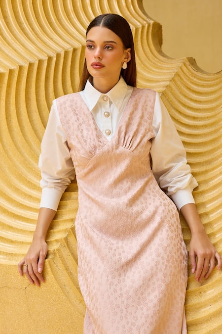 Therealb_Pink Jacquard V-neck Midi Dress _at_Aza_Fashions