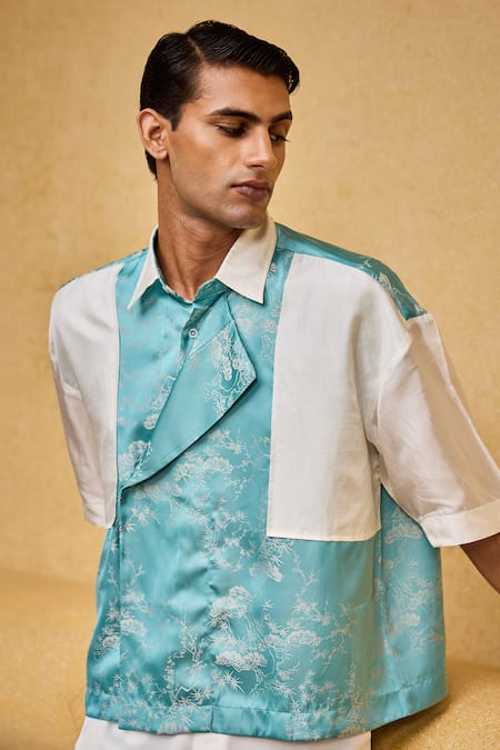 Therealb Blue Jacquard Shirt With Overlap Panel Online at Aza Fashions Therealb_Blue Jacquard Shirt With Overlap Panel _Online_at_Aza_Fashions