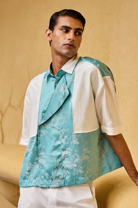 Buy Therealb Blue Jacquard Shirt With Overlap Panel Online at Aza Fashions Buy_Therealb_Blue Jacquard Shirt With Overlap Panel _Online_at_Aza_Fashions