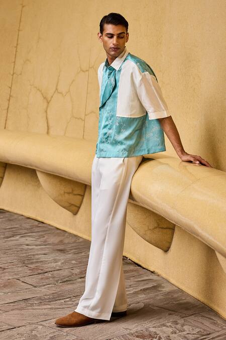 Shop Therealb Blue Jacquard Shirt With Overlap Panel Online at Aza Fashions Shop_Therealb_Blue Jacquard Shirt With Overlap Panel _Online_at_Aza_Fashions