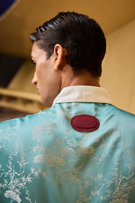 Therealb Blue Jacquard Shirt With Overlap Panel at Aza Fashions Therealb_Blue Jacquard Shirt With Overlap Panel _at_Aza_Fashions