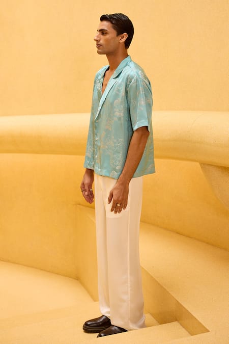 Therealb_Aqua Jacquard Printed Resort Collar Shirt _Online_at_Aza_Fashions