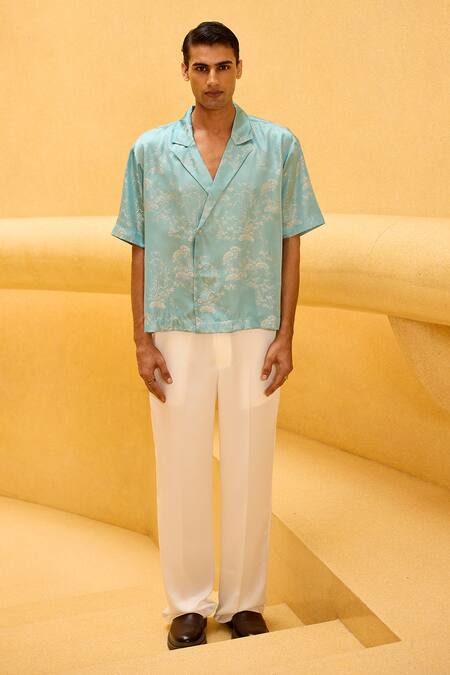 Buy_Therealb_Aqua Jacquard Printed Resort Collar Shirt _Online_at_Aza_Fashions