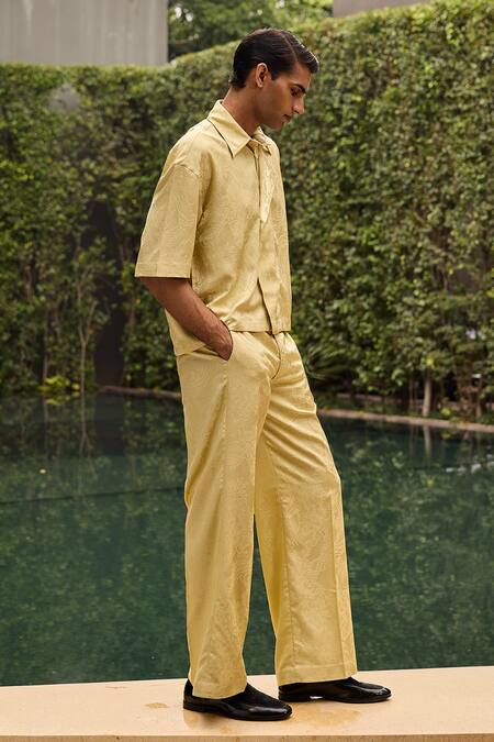 Shop_Therealb_Yellow Jacquard Patterned Shirt And Trouser Set _Online_at_Aza_Fashions