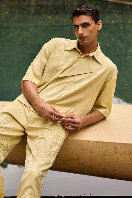 Therealb_Yellow Jacquard Patterned Shirt And Trouser Set _at_Aza_Fashions