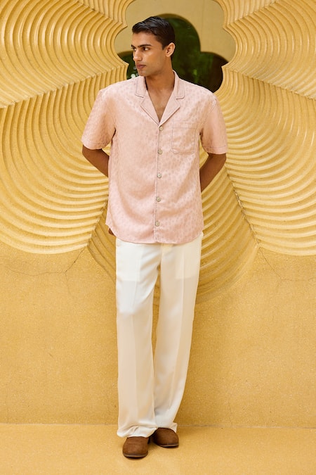 Therealb_Pink Jacquard Textured Half Sleeve Shirt _Online_at_Aza_Fashions