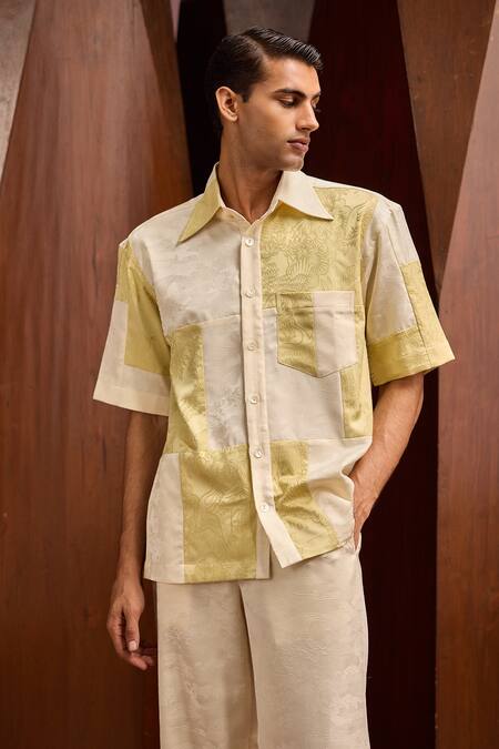 Therealb_Yellow Jacquard Embroidery Patchwork Half Sleeve Shirt _Online_at_Aza_Fashions