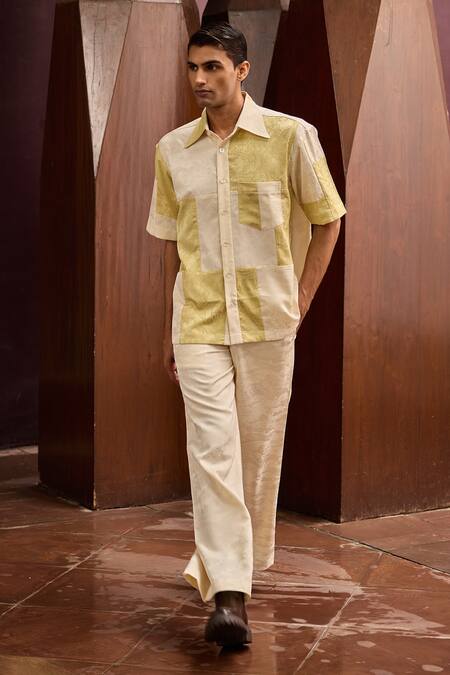 Buy_Therealb_Yellow Jacquard Embroidery Patchwork Half Sleeve Shirt _Online_at_Aza_Fashions