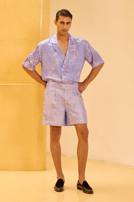 Therealb Lavender Jacquard Shirt And Shorts Set 