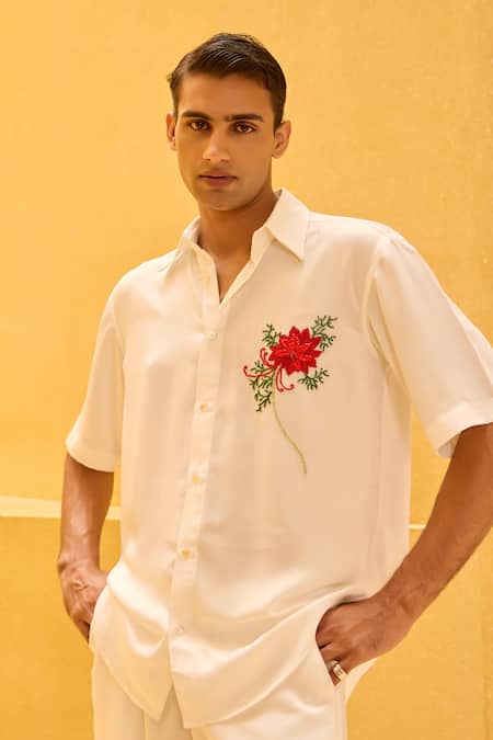 Shop Therealb White Jacquard Embroidery Floral Shirt Online at Aza Fashions Shop_Therealb_White Jacquard Embroidery Floral Shirt _Online_at_Aza_Fashions
