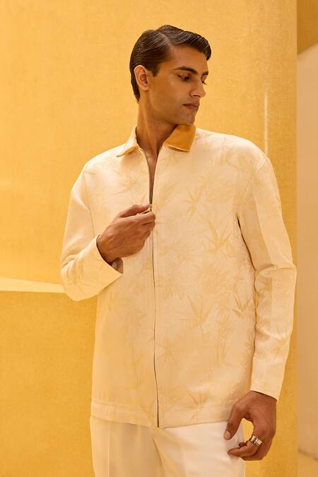 Therealb_Cream Jacquard Bamboo Motif Zip-up Jacket _Online_at_Aza_Fashions