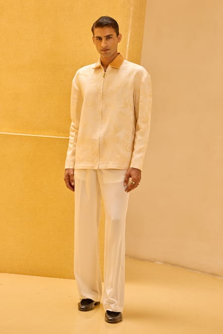 Therealb Cream Jacquard Bamboo Motif Zip-up Jacket 