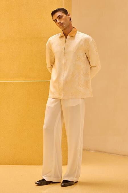 Shop_Therealb_Cream Jacquard Bamboo Motif Zip-up Jacket _Online_at_Aza_Fashions