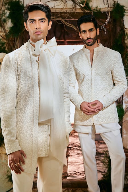 Varun Chakkilam_Ivory Organza Embroidery Frostline Jacket Kurta Set _Online_at_Aza_Fashions