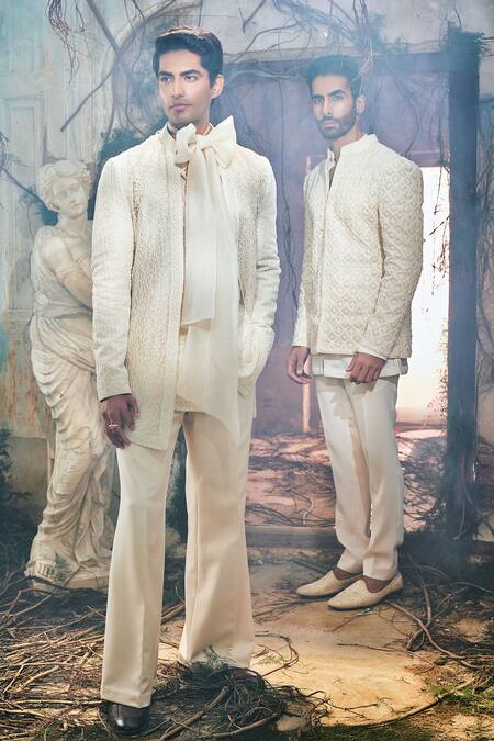 Buy_Varun Chakkilam_Ivory Organza Embroidery Frostline Jacket Kurta Set _Online_at_Aza_Fashions