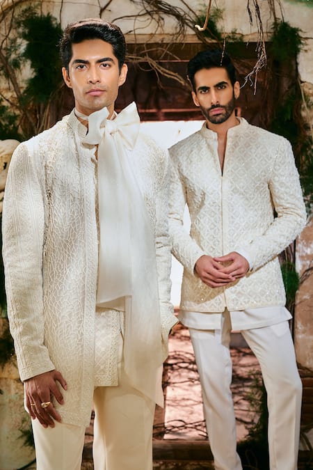 Buy_Varun Chakkilam_Ivory Organza Embroidery Tessele Bandgala Set _Online_at_Aza_Fashions