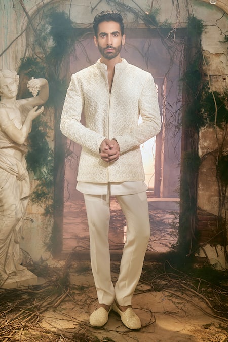 Varun Chakkilam Ivory Organza Embroidery Tessele Bandgala Kurta And Pant Set 