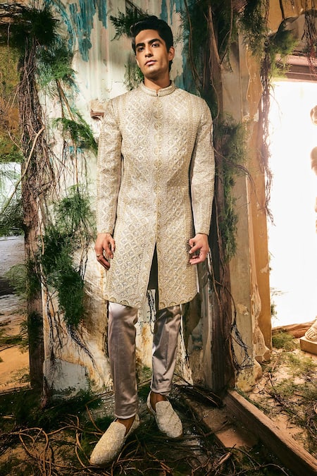Varun Chakkilam Gold Twill, Organza, Satin, Lycra Embroidery, Regal Prism Sherwani And Pant 