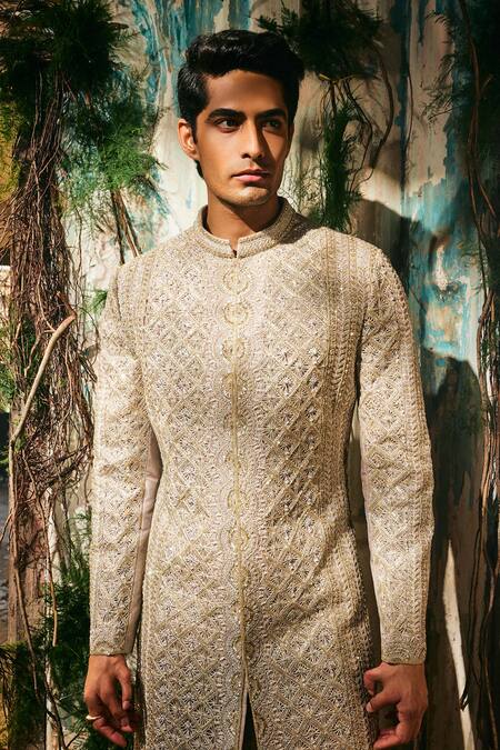 Buy_Varun Chakkilam_Gold Twill, Organza, Satin, Lycra Embroidery, Sequins Regal Prism Sherwani Set _Online_at_Aza_Fashions