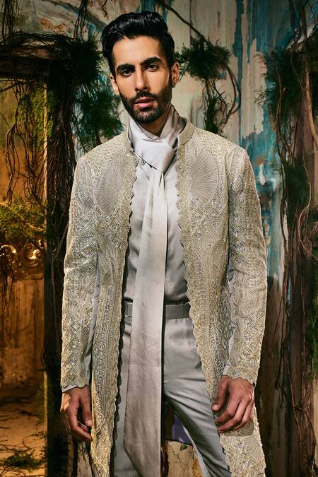 Varun Chakkilam_Gold Satin, Organza Embroidery, Zari Sovereign Open Jacket Set _Online_at_Aza_Fashions