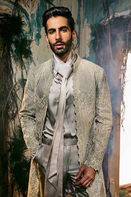 Buy_Varun Chakkilam_Gold Satin, Organza Embroidery, Zari Sovereign Open Jacket Set _Online_at_Aza_Fashions