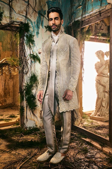 Varun Chakkilam Gold Satin, Organza Embroidery, Zari Sovereign Open Jacket, Shirt And Pant Set 