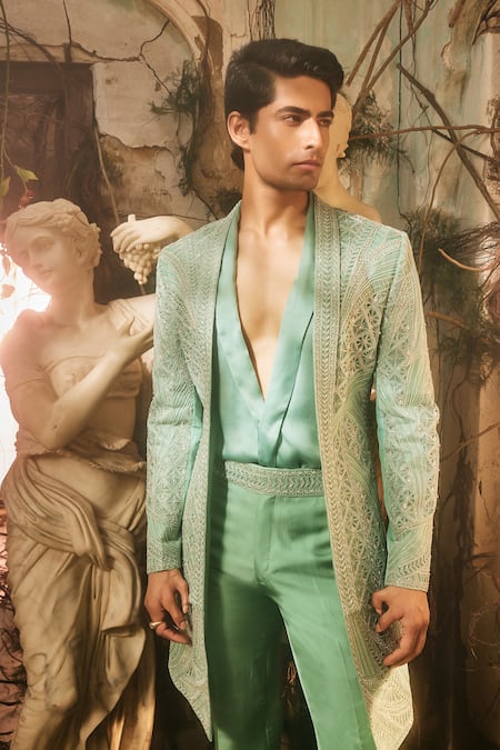 Buy_Varun Chakkilam_Aqua Organza, Satin, Silk, Twill Embroidery Crux Open Jacket Kurta Set _Online_at_Aza_Fashions