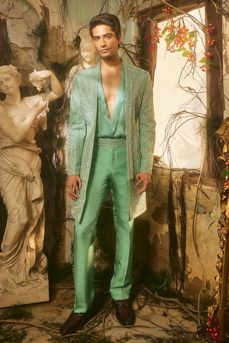 Varun Chakkilam Aqua Organza, Satin Embroidery Crux Open Jacket Kurta And Pant Set 