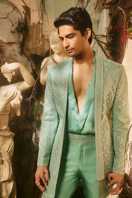 Shop_Varun Chakkilam_Aqua Organza, Satin, Silk, Twill Embroidery Crux Open Jacket Kurta Set _Online_at_Aza_Fashions