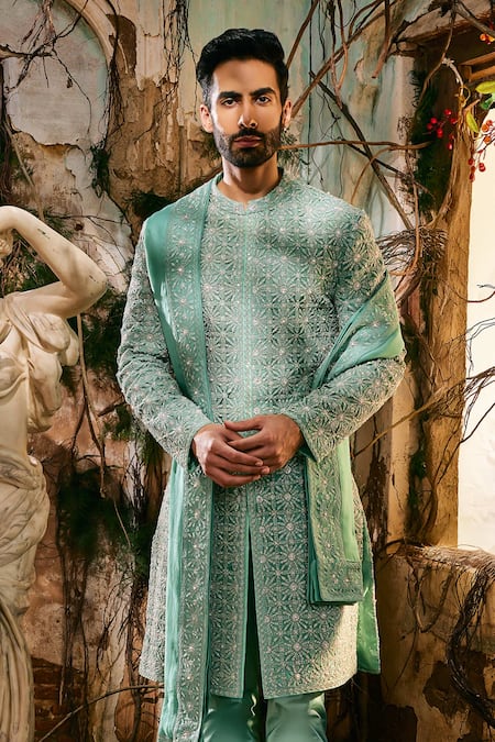 Buy_Varun Chakkilam_Aqua Organza, Satin, Lycra Embroidery Hatchedline Sherwani Set _Online_at_Aza_Fashions