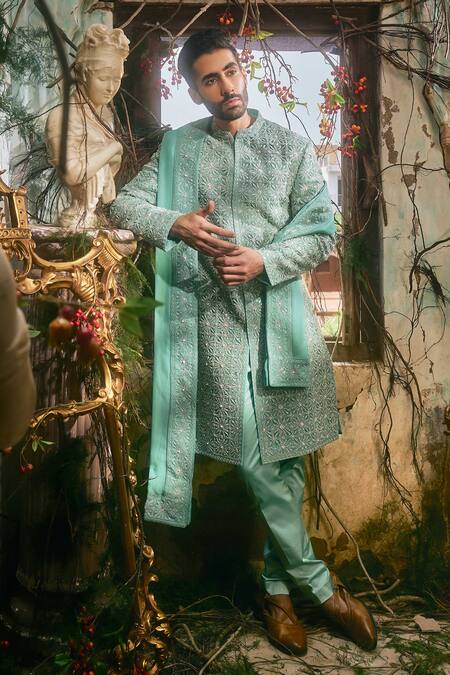 Shop_Varun Chakkilam_Aqua Organza, Satin, Lycra Embroidery Hatchedline Sherwani Set _Online_at_Aza_Fashions