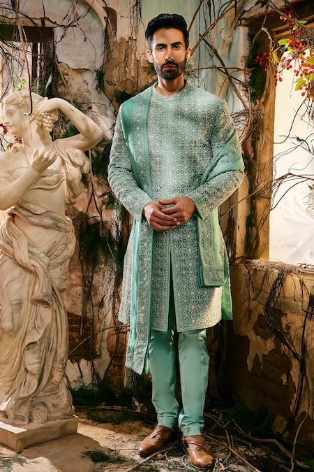 Varun Chakkilam Aqua Organza, Satin, Lycra Embroidery Hatchedline Sherwani Set With Stole 