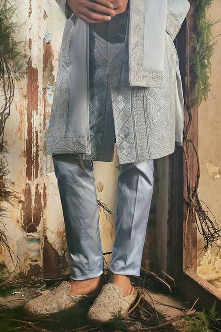 Buy_Varun Chakkilam_Sky Blue Twill, Silk, Satin, Lycra, Organza Azure Royale Geometric Sherwani Set _Online_at_Aza_Fashions
