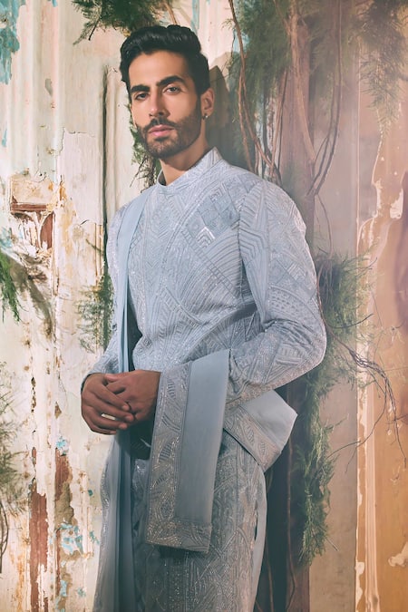 Shop_Varun Chakkilam_Sky Blue Twill, Silk, Satin, Lycra, Organza Azure Royale Geometric Sherwani Set _Online_at_Aza_Fashions