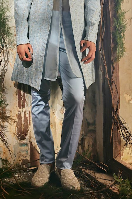 Buy_Varun Chakkilam_Sky Blue Twill, Silk, Organza, Satin, Lycra Celestial Open Jacket Kurta Set _Online_at_Aza_Fashions