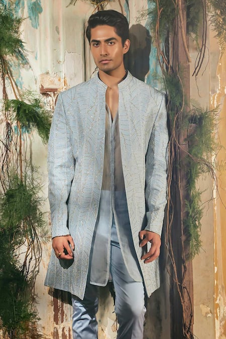 Shop_Varun Chakkilam_Sky Blue Twill, Silk, Organza, Satin, Lycra Celestial Open Jacket Kurta Set _Online_at_Aza_Fashions