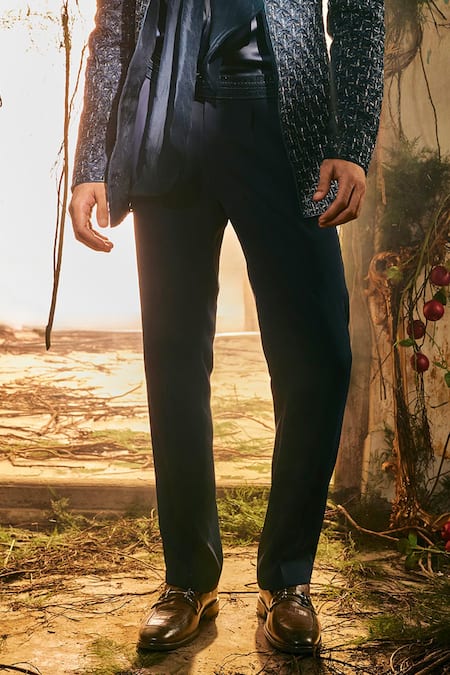 Varun Chakkilam_Blue Twill, Silk, Satin, Polyester Ebon Luxe Open Jacket Kurta And Pant Set _Online_at_Aza_Fashions