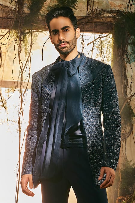 Varun Chakkilam Ebon Luxe Embroidered Open Jacket Kurta & Pant Set 