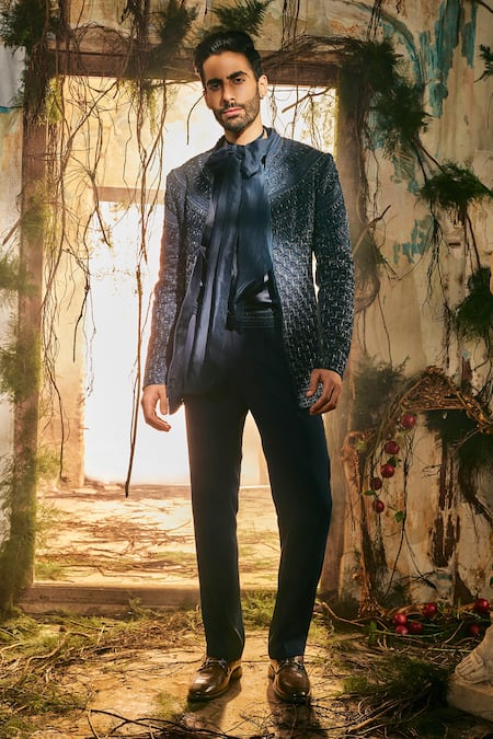 Varun Chakkilam Navy Twill, Satin, Polyester Embroidery Ebon Luxe Open Jacket Kurta And Pant Set 