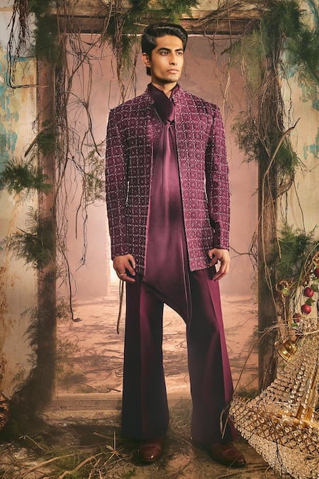 Varun Chakkilam Maroon Embroidery Chiset Open Jacket Kurta And Pant Set 