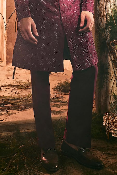 Buy_Varun Chakkilam_Purple Twill, Polyester, Silk Embroidery Arabesque Pattern Sherwani Set _Online_at_Aza_Fashions