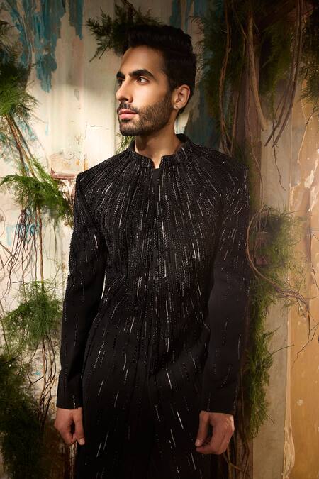 Shop_Varun Chakkilam_Black Polyester Beads, Sequins Cosmic Rays Embellished Sherwani And Pant Set _Online_at_Aza_Fashions