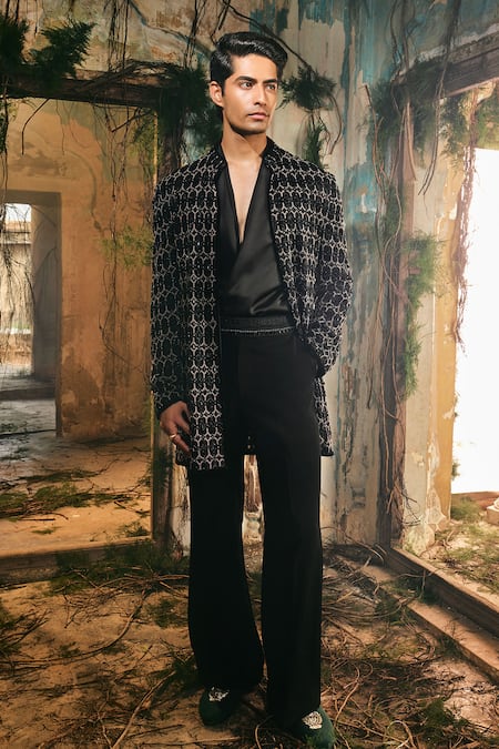 Varun Chakkilam Black Organza, Polyester, Shadow Geometric Pattern Open Jacket Kurta And Pant Set 