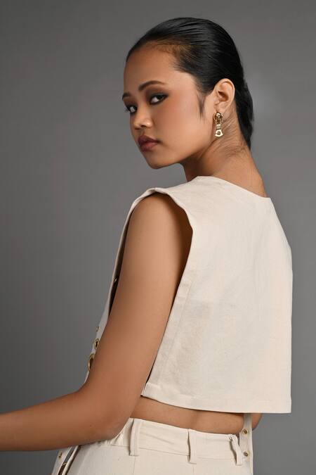 Veera Wear_Off White Denim Orbit Eyelet Bib Co-ord Set _Online_at_Aza_Fashions