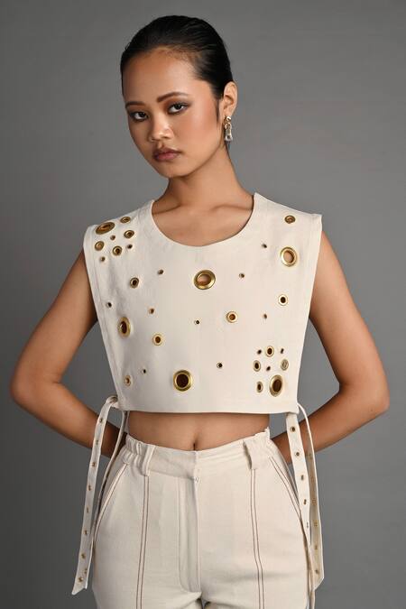 Veera Wear_Off White Denim Orbit Eyelet Bib Co-ord Set _at_Aza_Fashions
