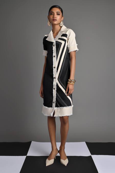Veera Wear_Black Cotton, Denim Collared Monochrome Wave Shirt Dress _Online_at_Aza_Fashions