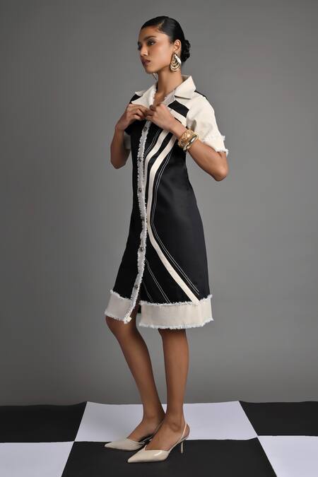 Buy_Veera Wear_Black Cotton, Denim Collared Monochrome Wave Shirt Dress _Online_at_Aza_Fashions