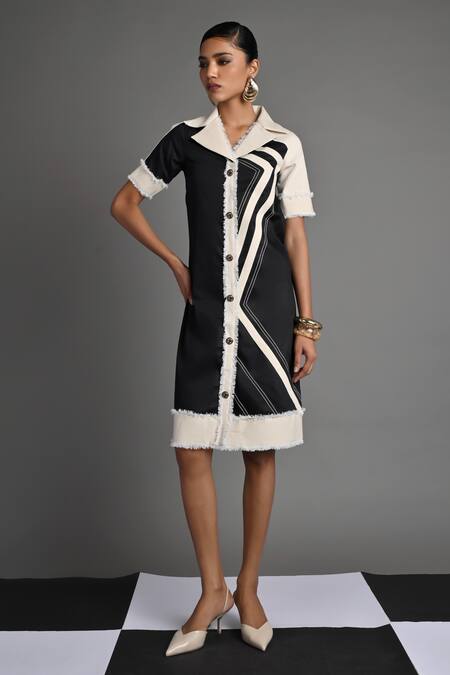 Shop_Veera Wear_Black Cotton, Denim Collared Monochrome Wave Shirt Dress _Online_at_Aza_Fashions