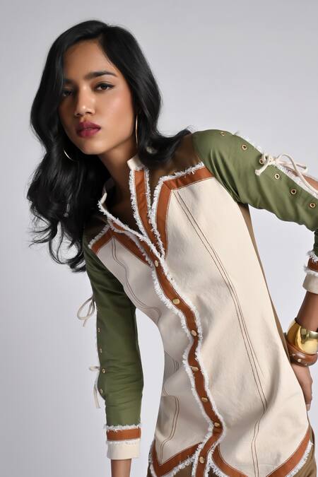 Buy_Veera Wear_Multi Color Cotton, Denim Collared Sundowner Mirage Dress _Online_at_Aza_Fashions