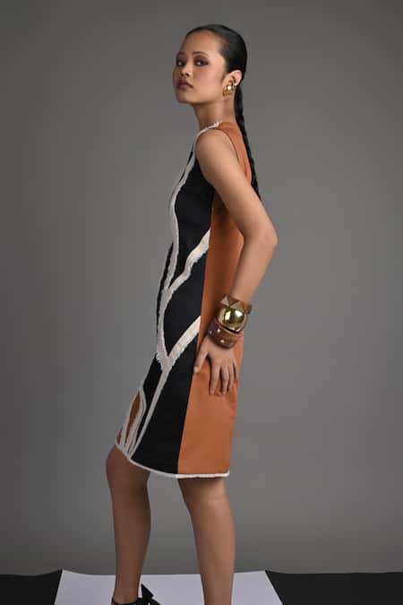 Veera Wear_Rust Cotton, Denim V-neck Iris Dress _Online_at_Aza_Fashions